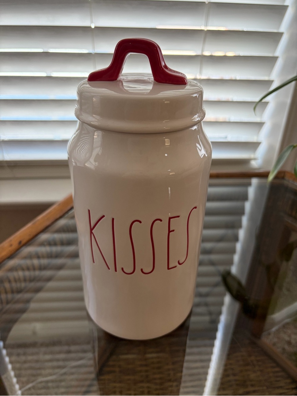 Rae Dunn by Magenta “KISSES' Ceramic Canister with Red Handle Lid.